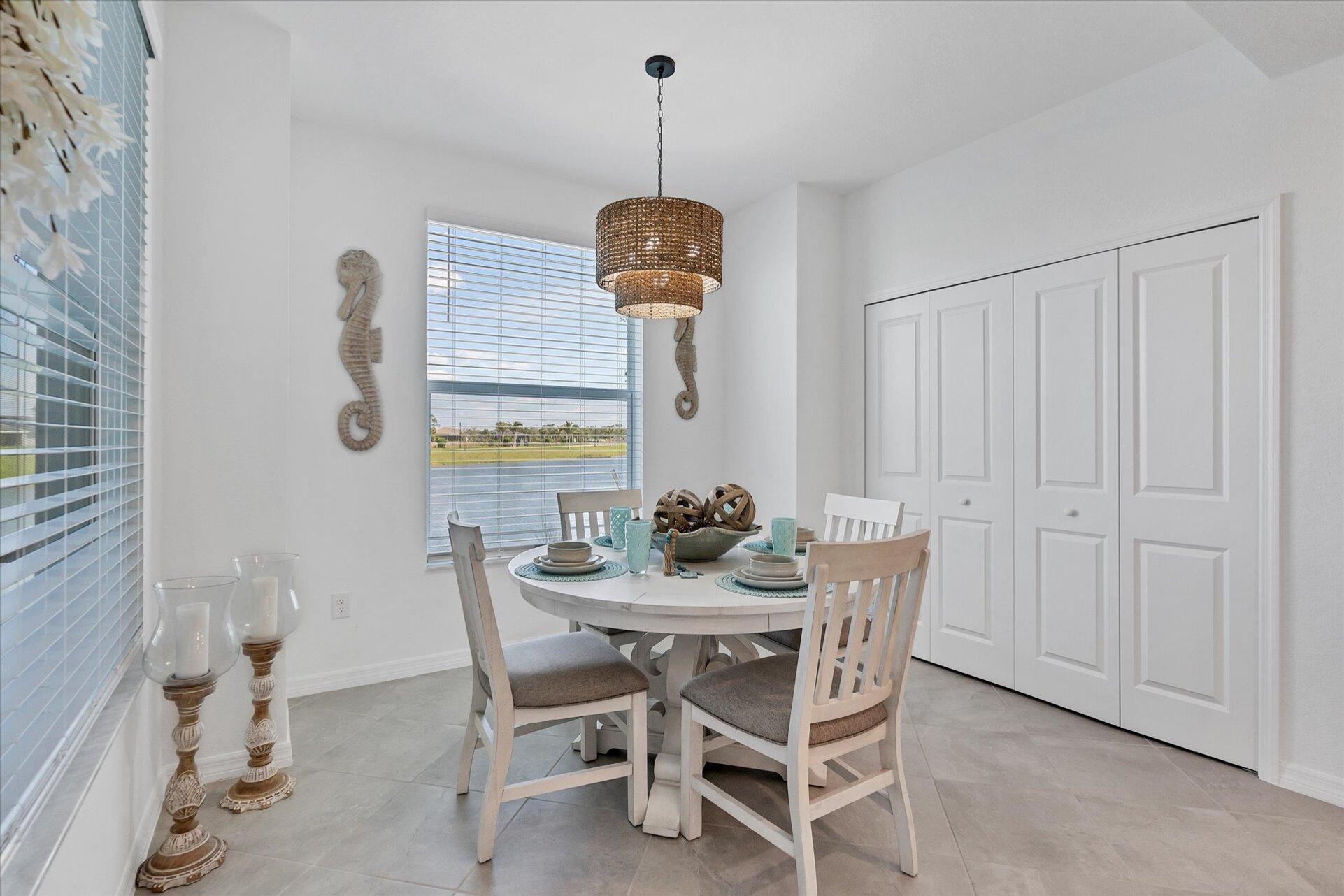 Dining table overlooking pond. Table seats 4