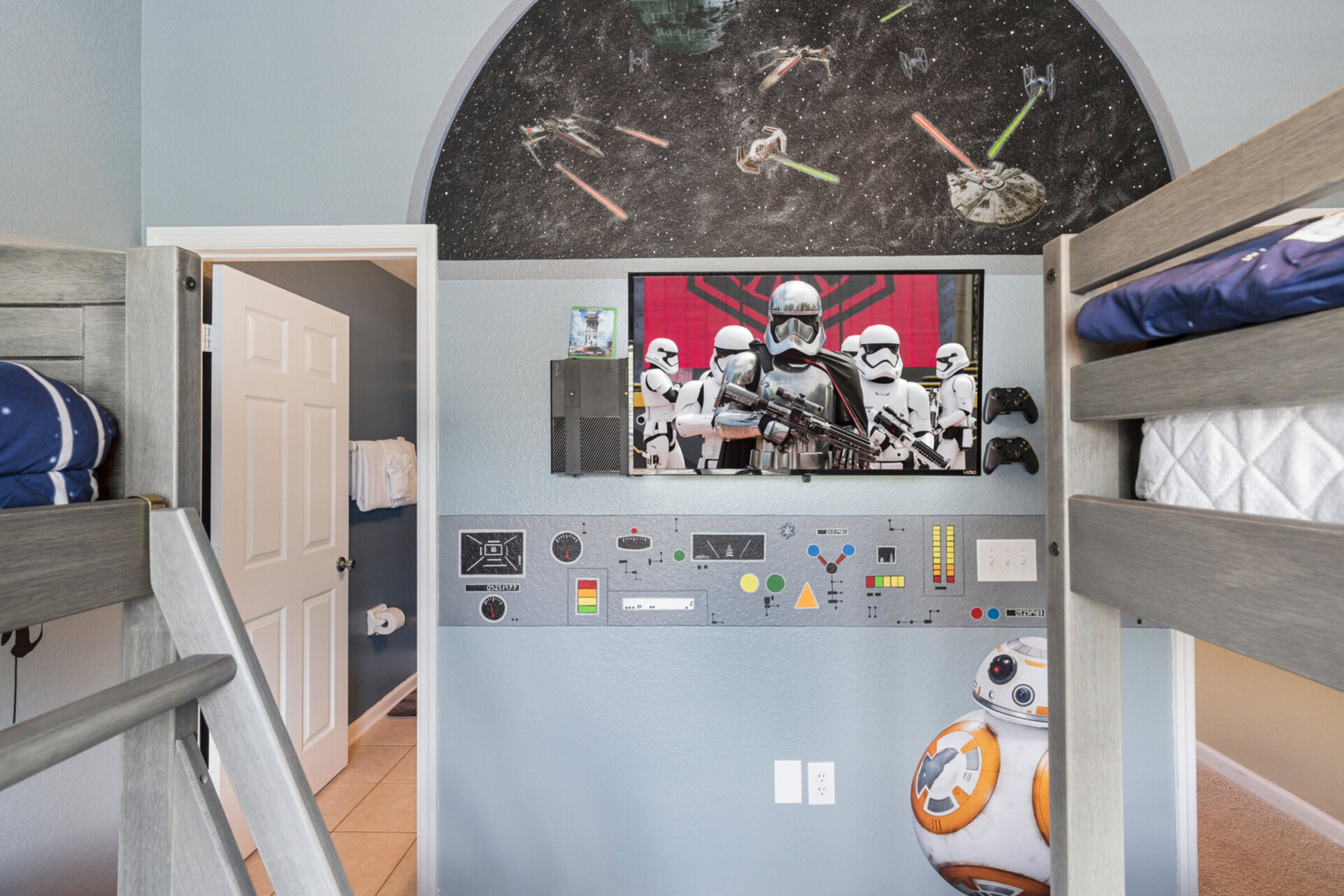 Watch a favorite movie or play Xbox from the bunkbeds in the fun kids room
