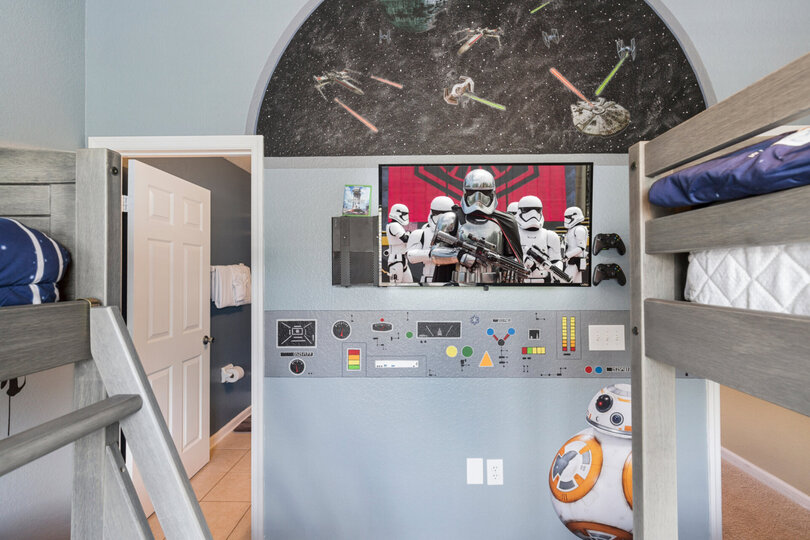 Watch a favorite movie or play Xbox from the bunkbeds in the fun kids room