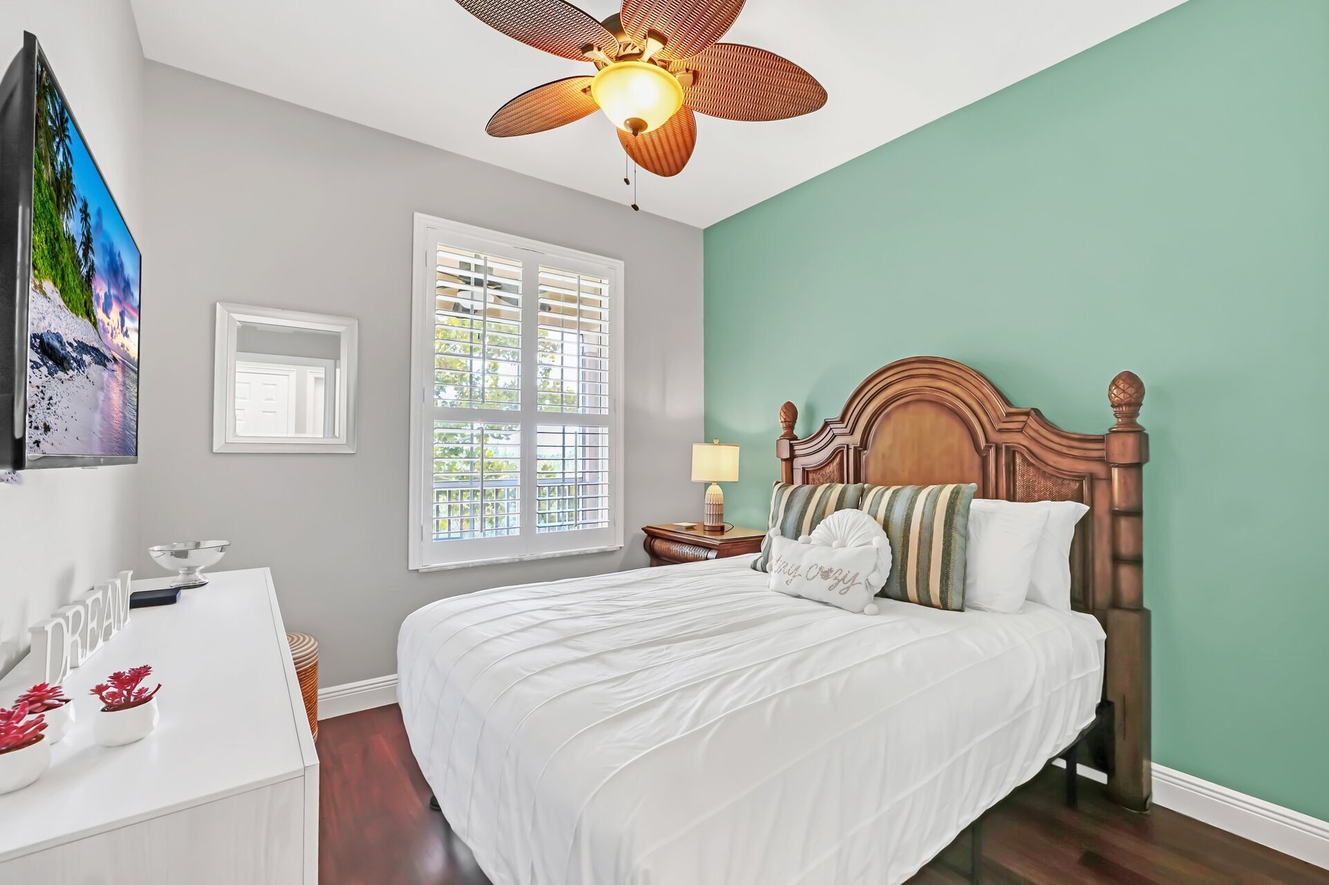 The second bedroom features a Queen bed and TV