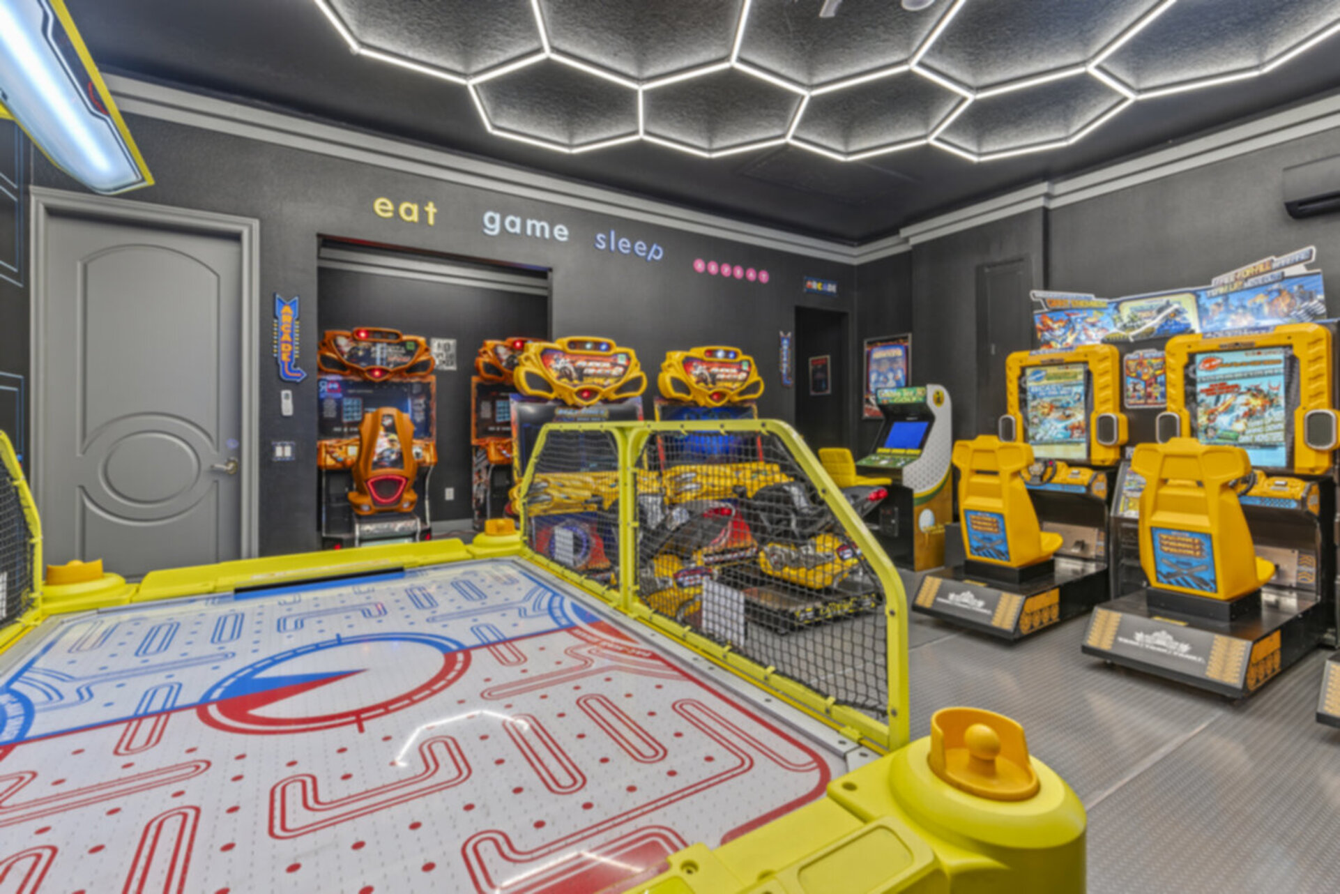 Included in this games room is 2-4 player Pac Man Smash, Jurassic Park arcade, 2x Super Bikes, 2x Fast and Furious Super Cars, and 4x Tank arcade, Golden Tee