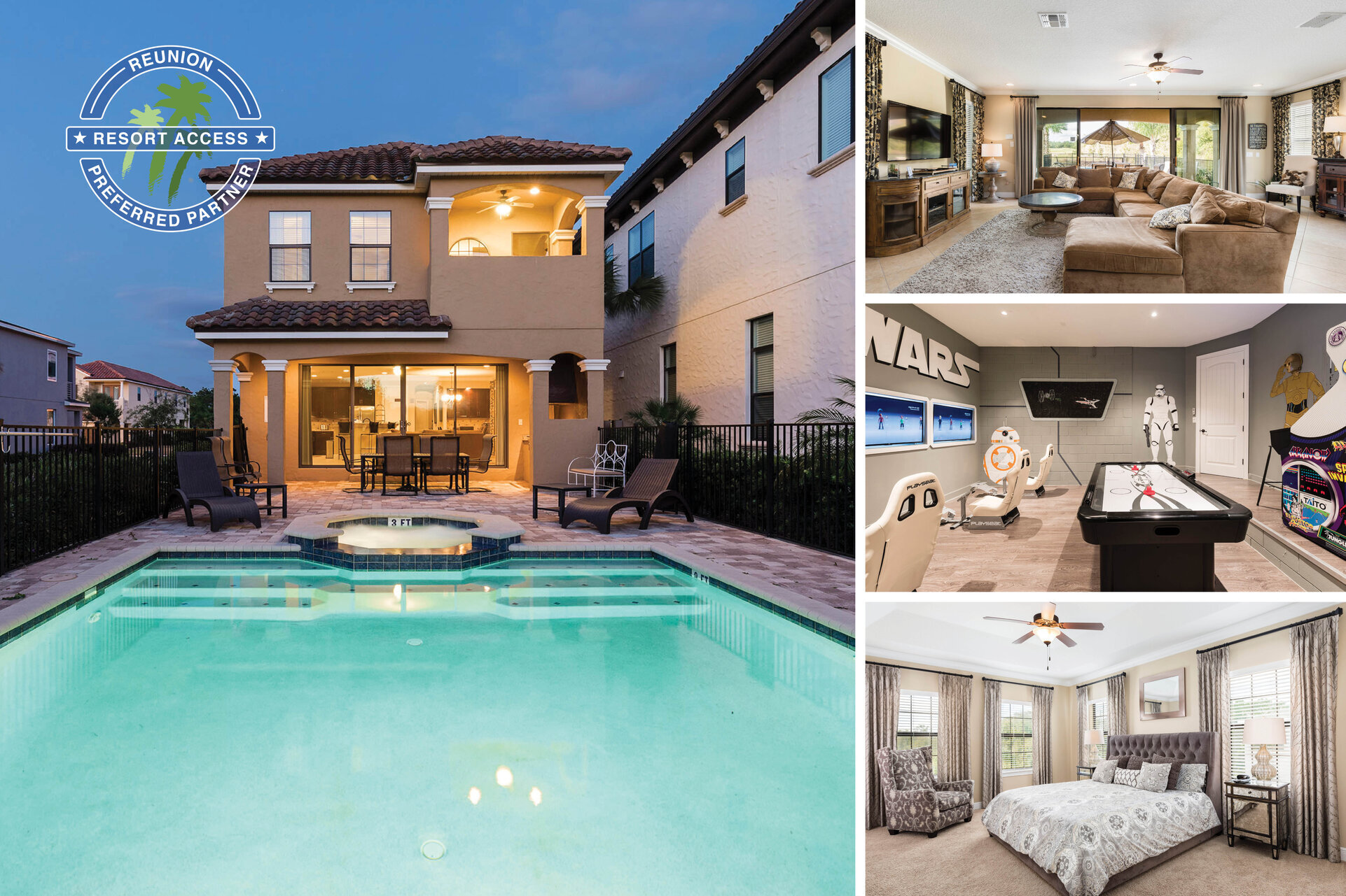 Welcome to Reunion Elegance, a 5 bed vila with a west-facing pool, 2 games rooms, and customized kids bedrooms PHOTOS TAKEN: 2017