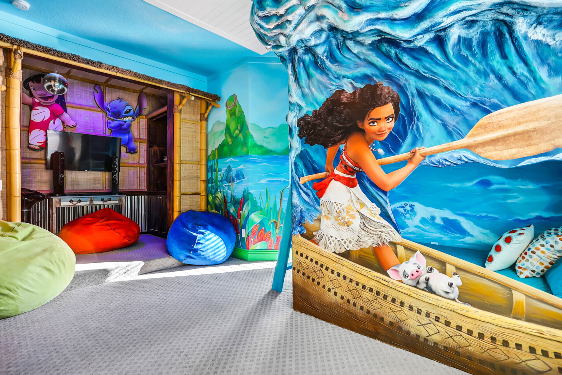 The custom kids bedroom has two sets of full/twin bunk beds
