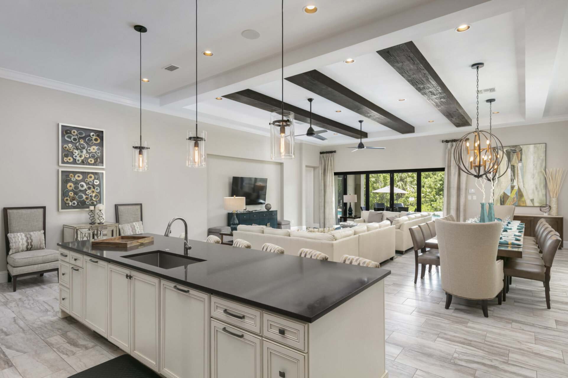 The open floor plan allows you to have beautiful views of the pool area