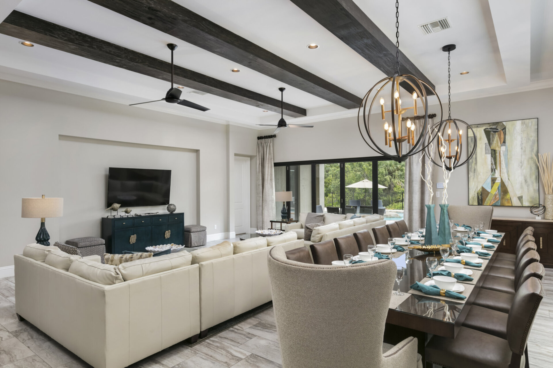Enjoy family meals in the beautiful dining table can seat 16