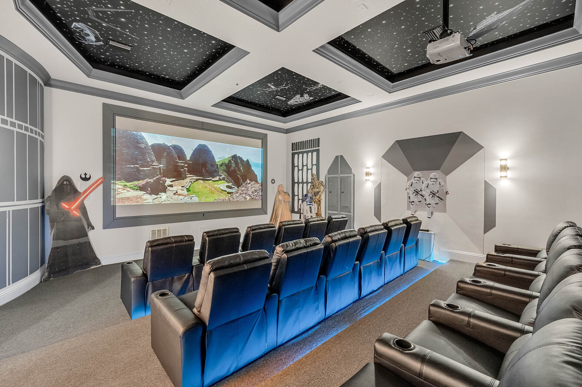 Watch a favorite movie on the giant projector screen while surrounded by some favorite characters