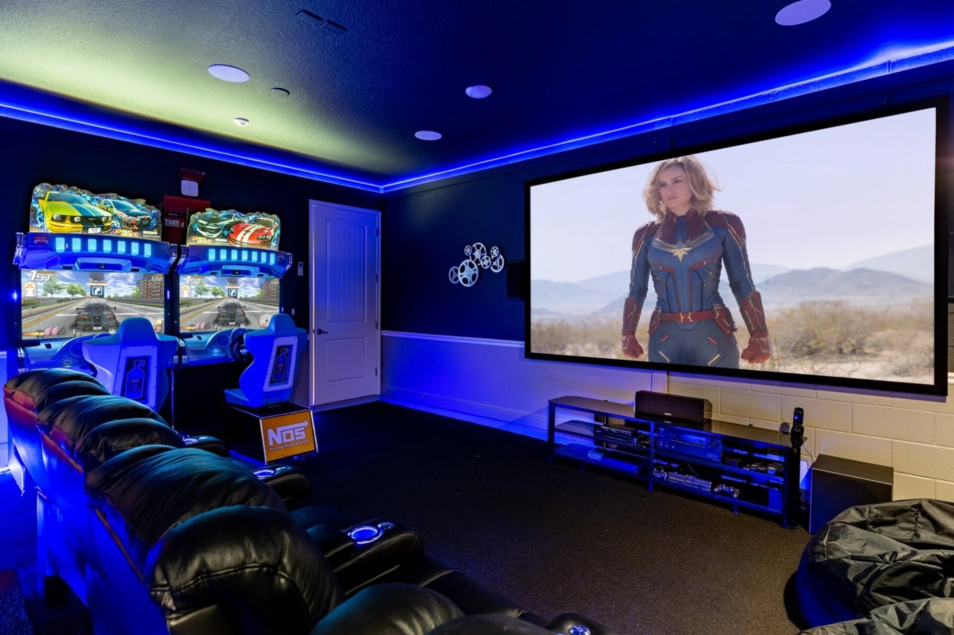 Complete with 8 seats, a 135-inch projector screen, HD projector, 9.1 THX surround sound, 4K Apple TV, Cable, Blu-Ray, PS4 and Xbox One X