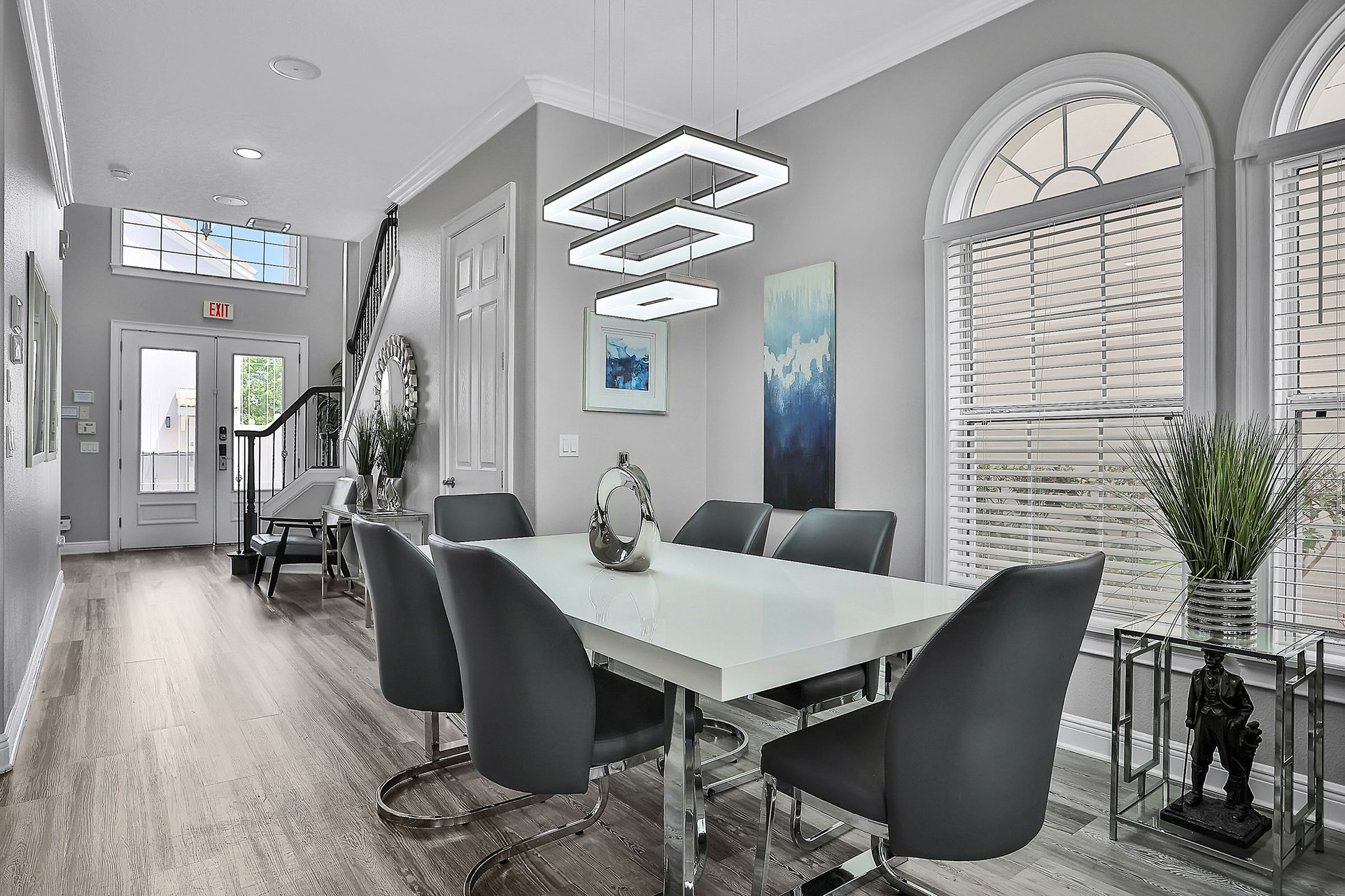 The formal dining table comfortably seats 8