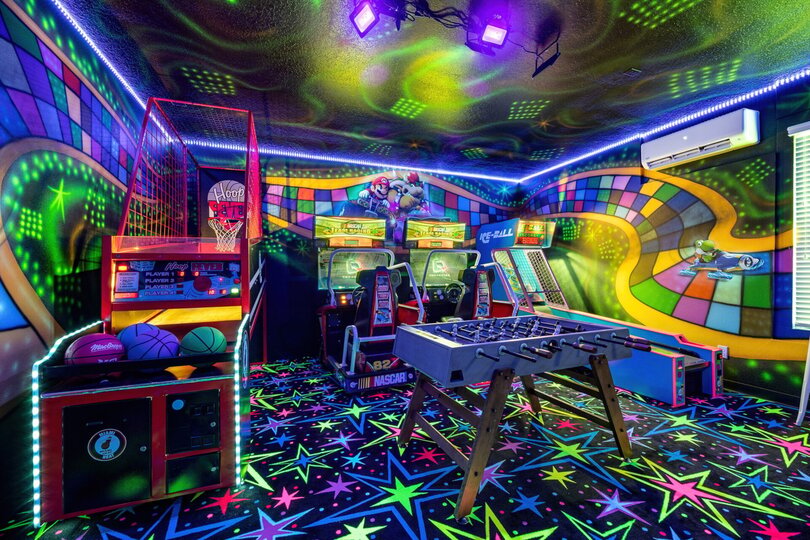 The Mario Kart-themed game room will provide excitement for all ages with Hoop Fever basketball, air hockey, dual Nascar racers, skee-ball, and a foosball table