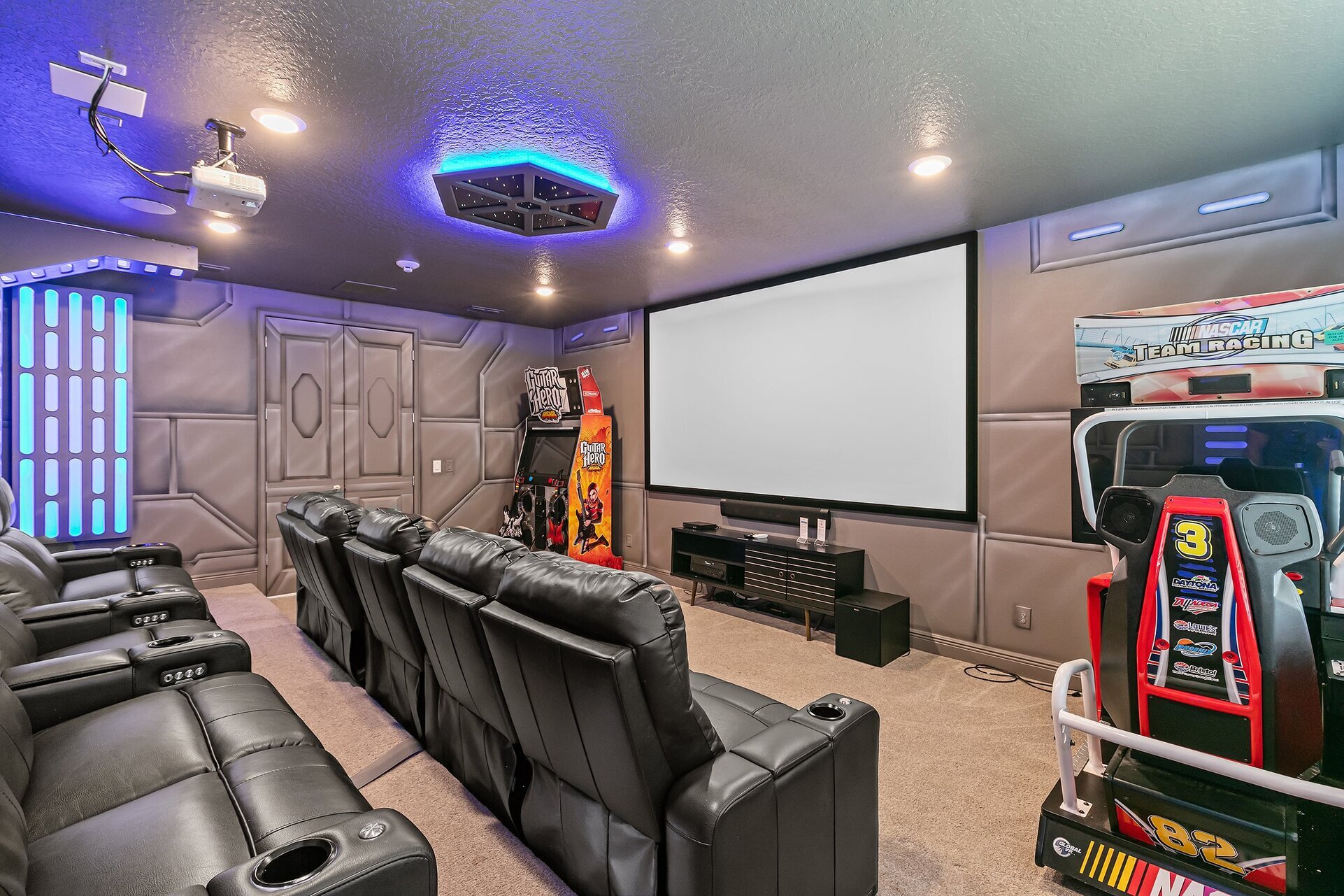 The 120-inch projection screen will give you the experience of the movies without leaving your home