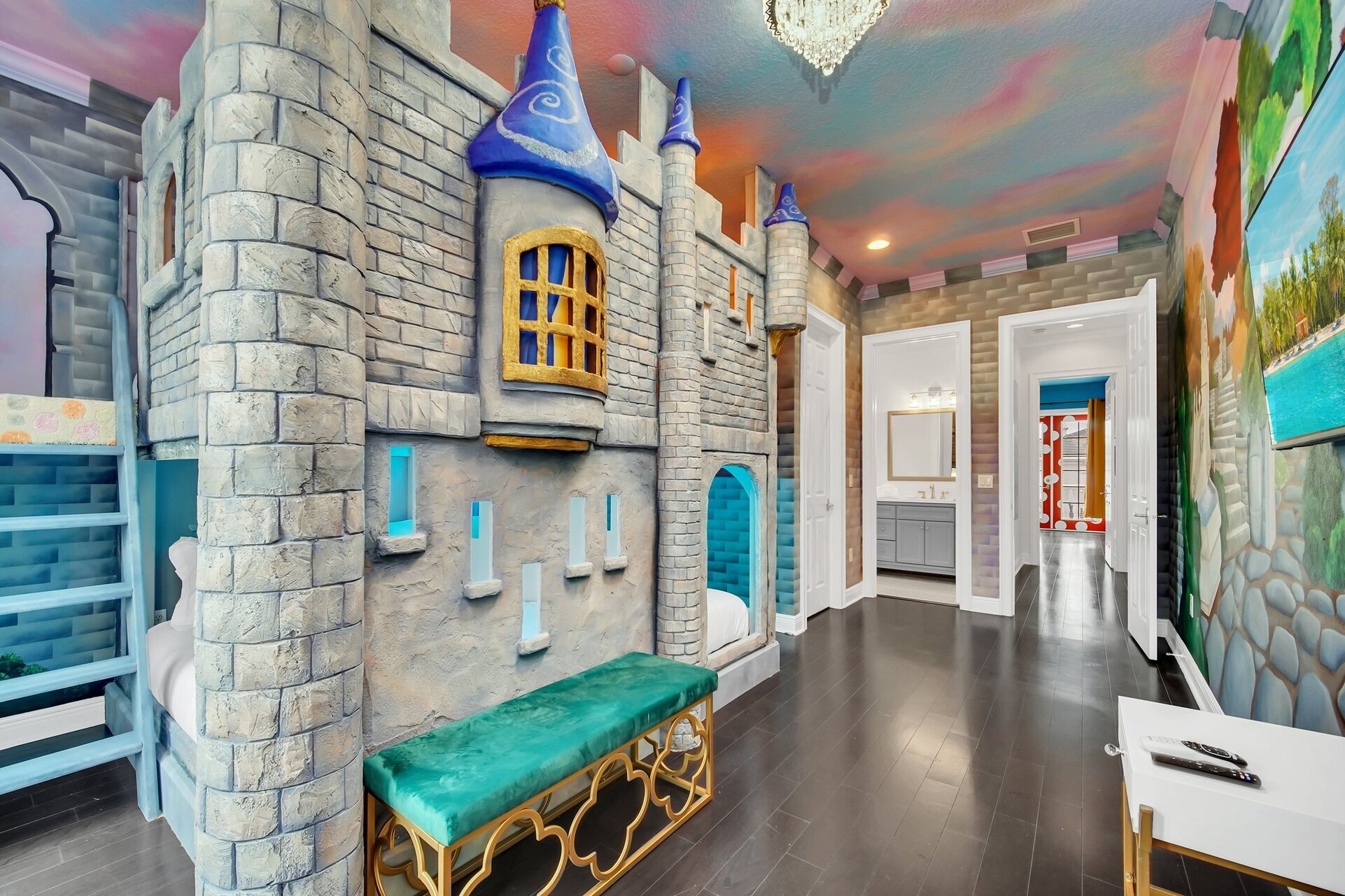 Transform your stay into a magical adventure with our themed bedroom, where beds double as enchanting castles, offering a whimsical and unforgettable experience.
