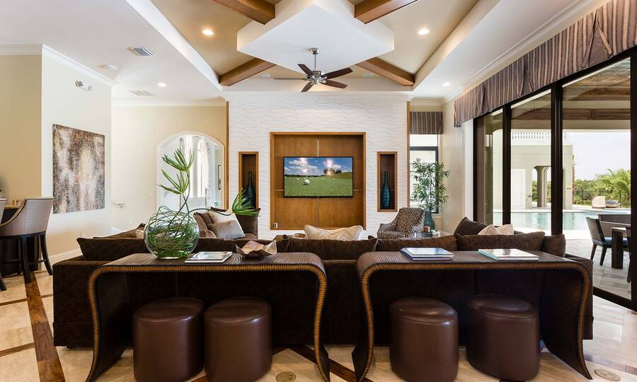 This modern themed living area features a fantastic open concept floorplan perfect for the larger group vacations