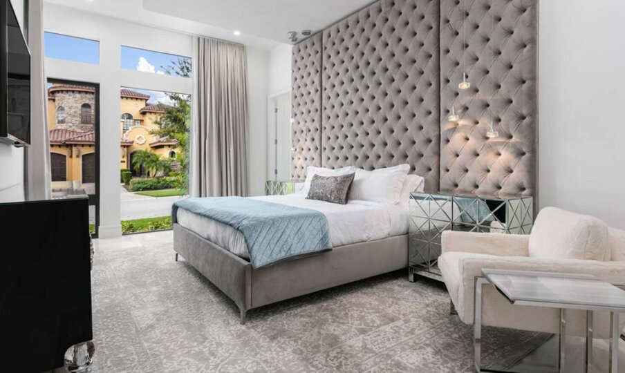 Bedroom 2 With Velvet Tufted Wall, King Size Memory Foam Bed and 60 inch TV
