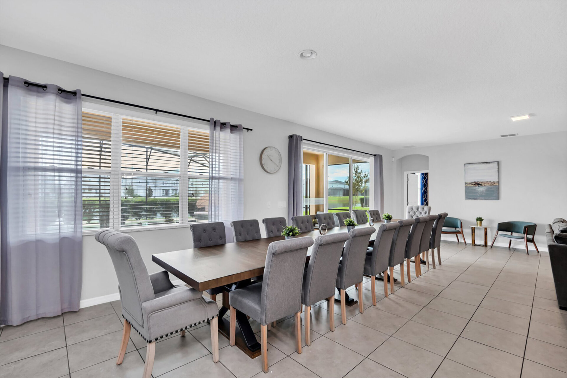 A formal dining area seating 18 people.