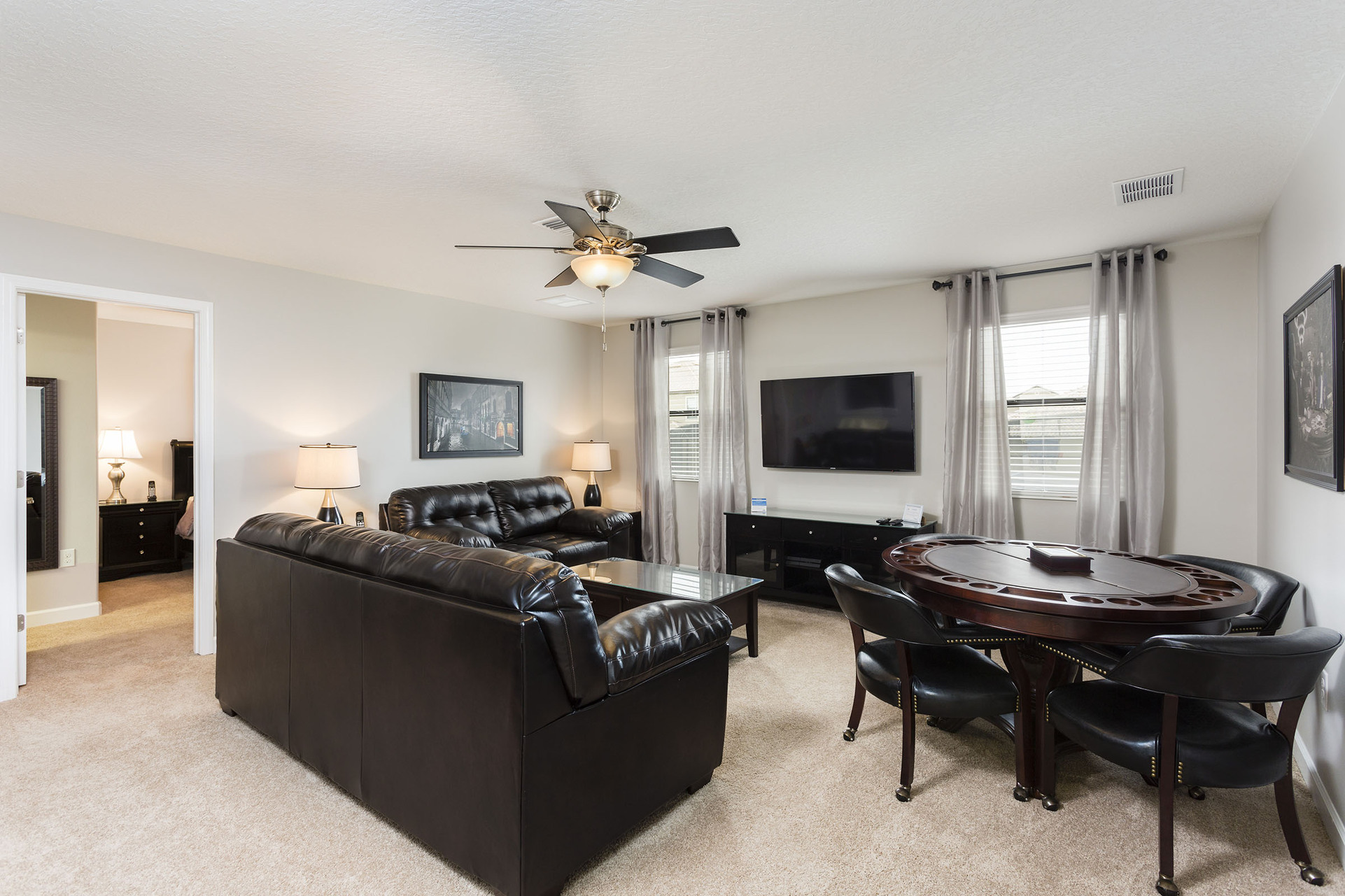 The loft offers an additional space to relax and a card table for playing games