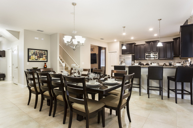 The formal dining space has seating for 10