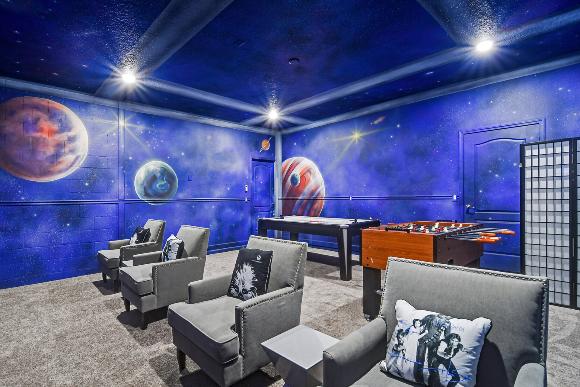 Play all day in this cool galactic game room