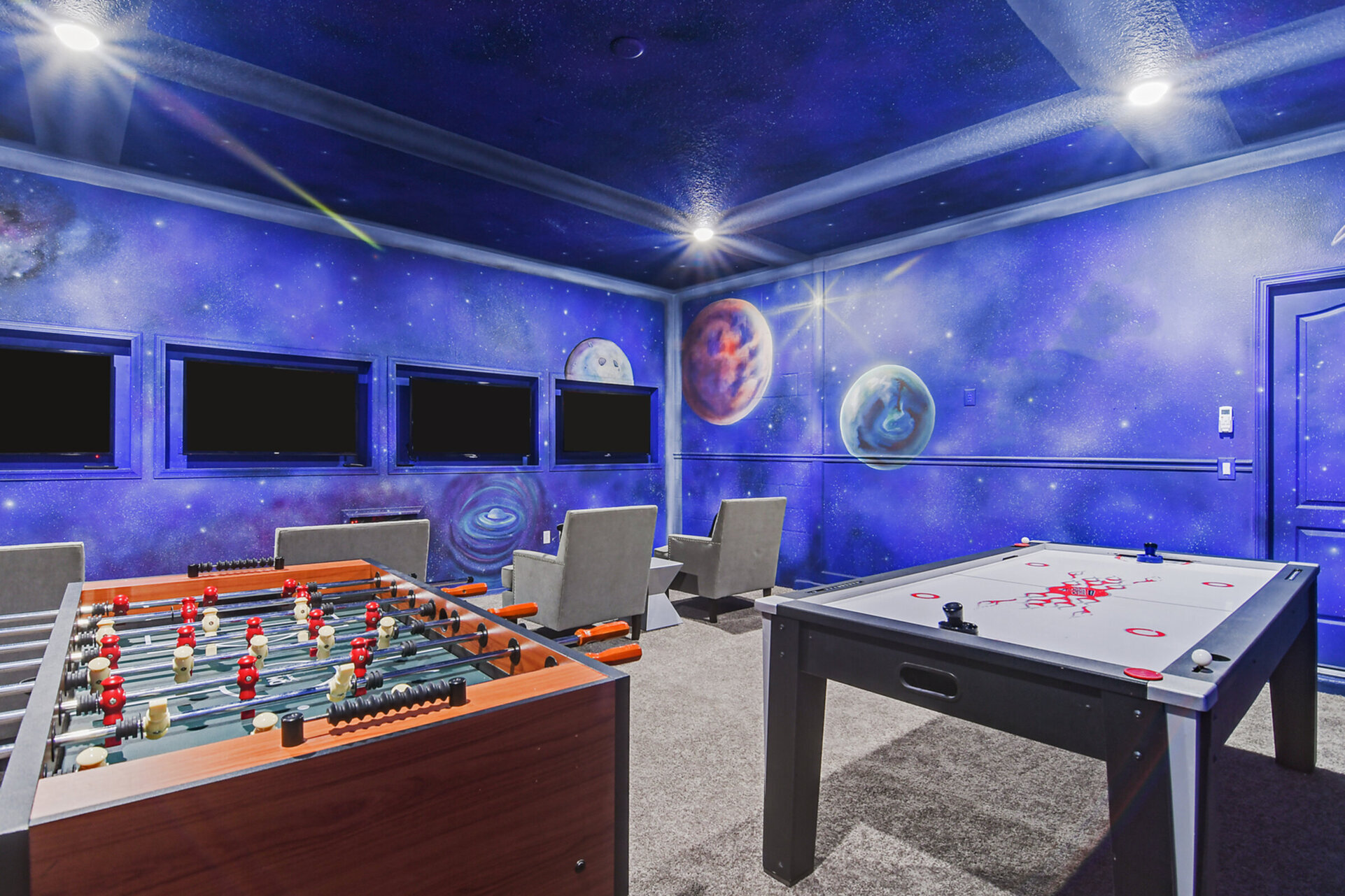 Featuring air hockey, foosball and 4 TVs connected to an Xbox One and PS4