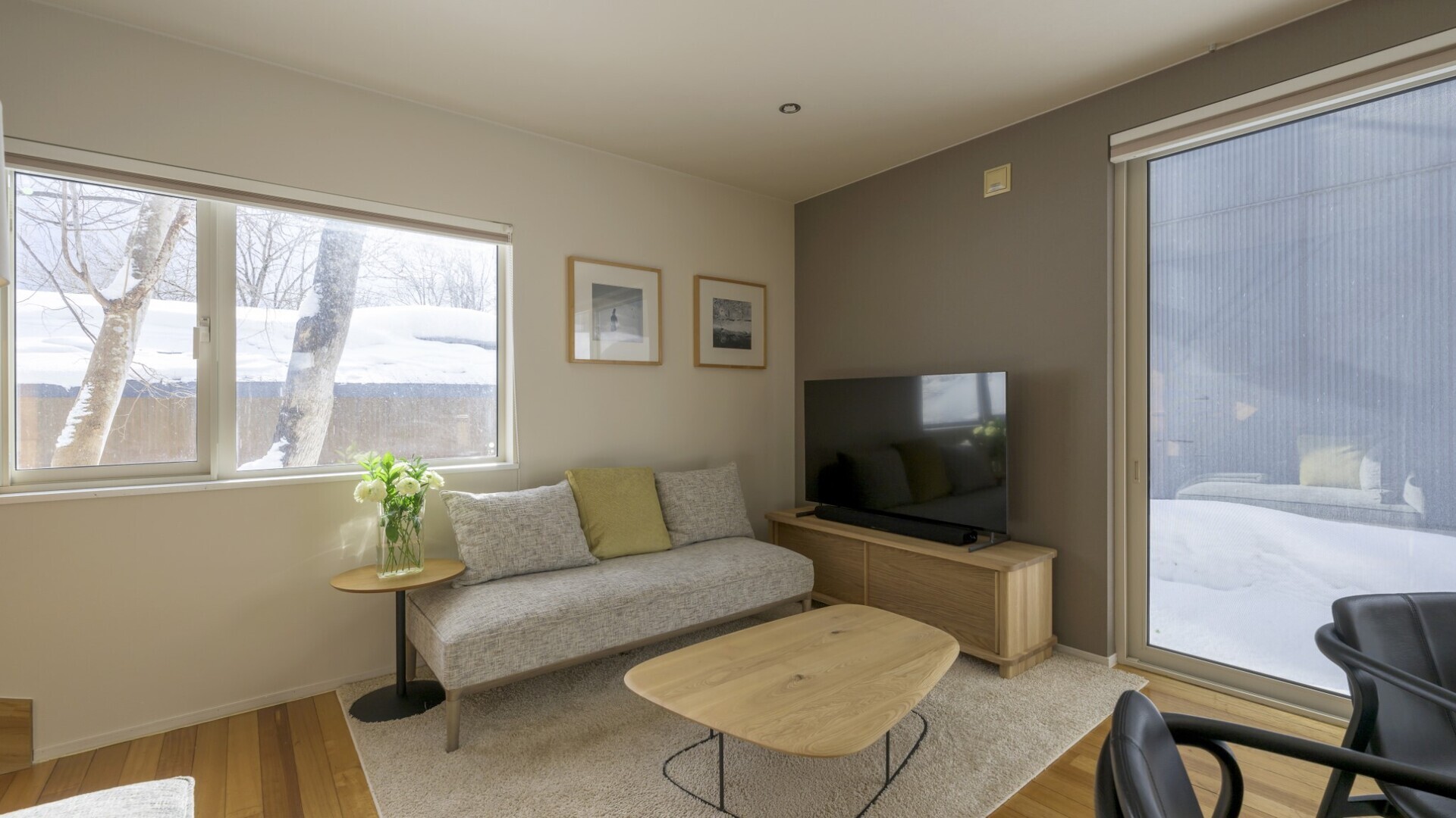 Intimate living area by the sliding glass door