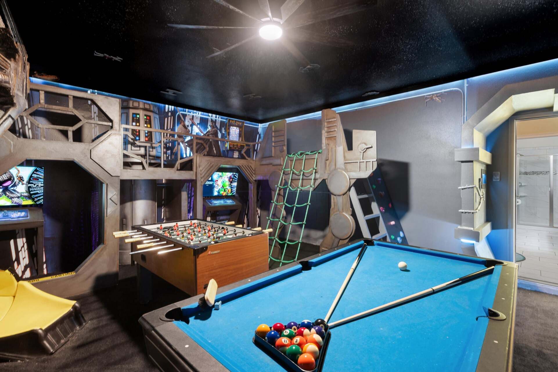 2/43" Roku TVs with Game Consoles Pool Table FoosBall Climbing Equipment Star Wars Theme