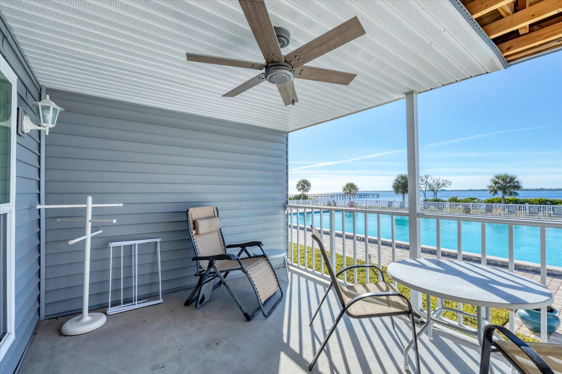 Private balcony overlooking the community pool and Myakka River